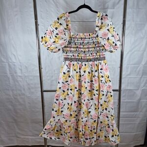 Kate Spade Lily Blooms Midi Dress Floral Smocked Puff Sleeve M White Pink Women